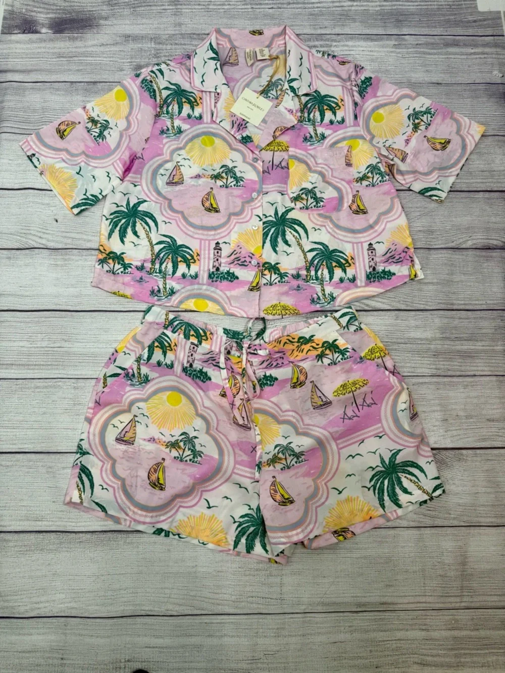 Tropical Print Matching Set Crop Top & Shorts Pink Palm Tree Lounge Set Size M/L